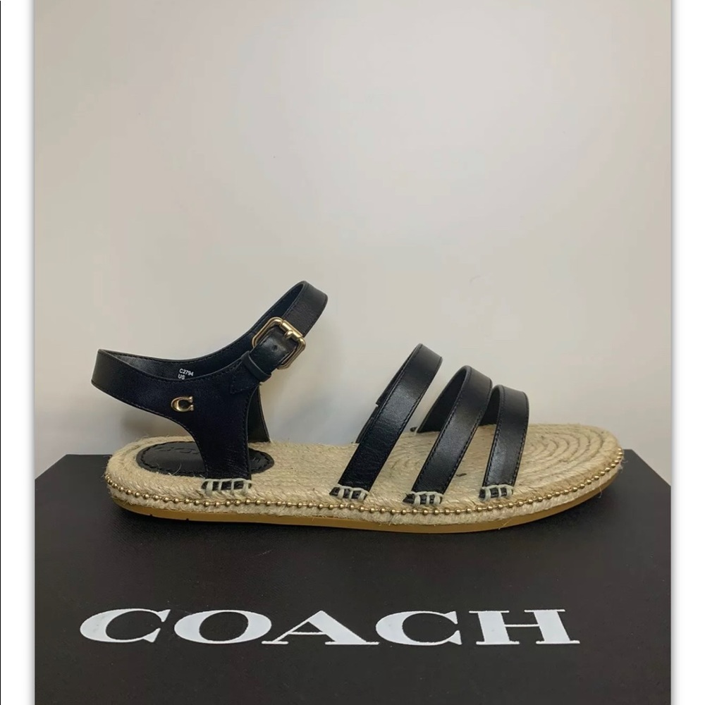 Coach Carissa Black Leather Espadrille Sandals